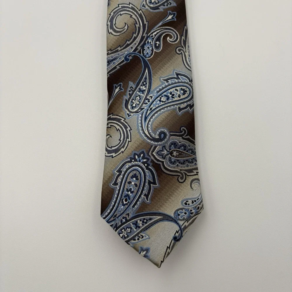 Pierre Cardin 3-Pc Mens Paisley Tie Pocket Square & Chain Set Brown NWT